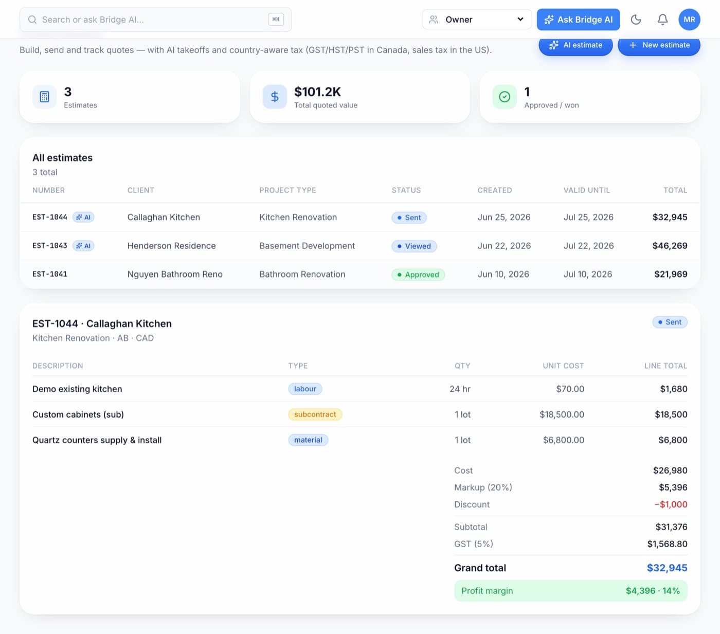 AI estimate builder screen in the BuildersBridge dashboard