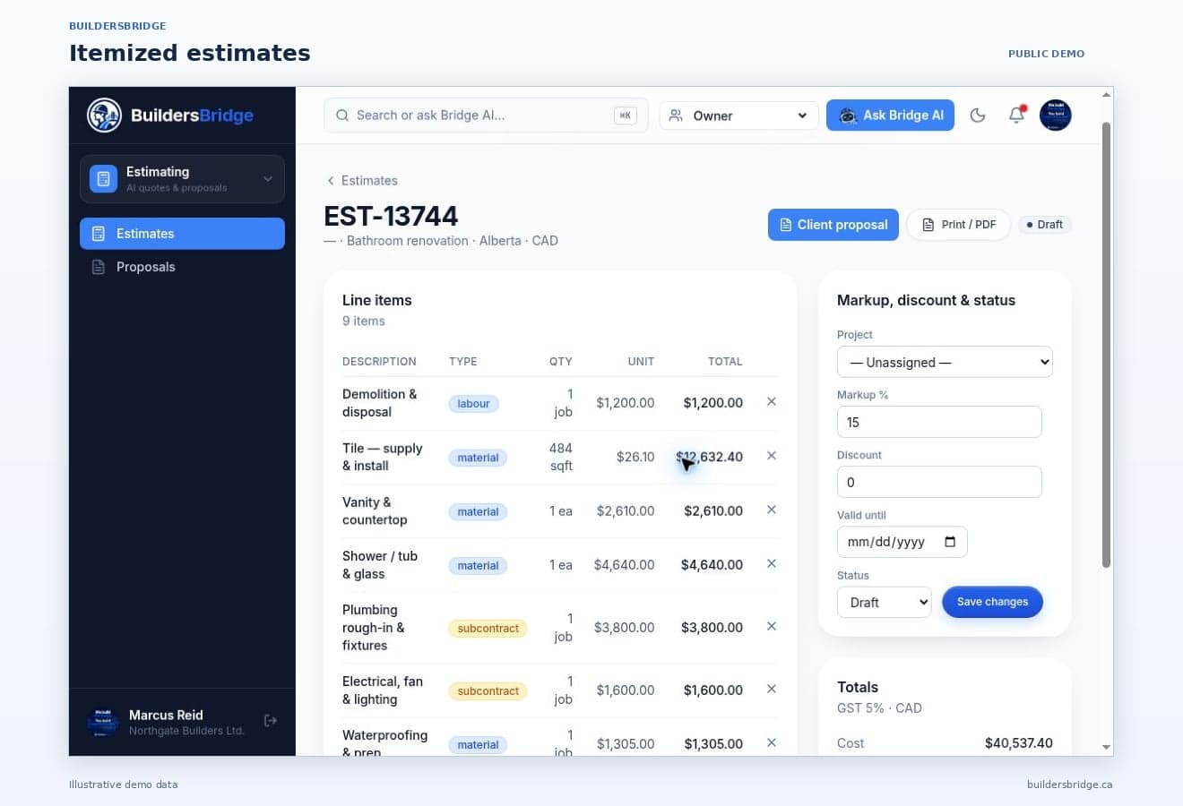 The BuildersBridge estimates screen: an itemized kitchen renovation estimate with labour, subcontract and material lines, 20% markup, 5% GST and profit margin