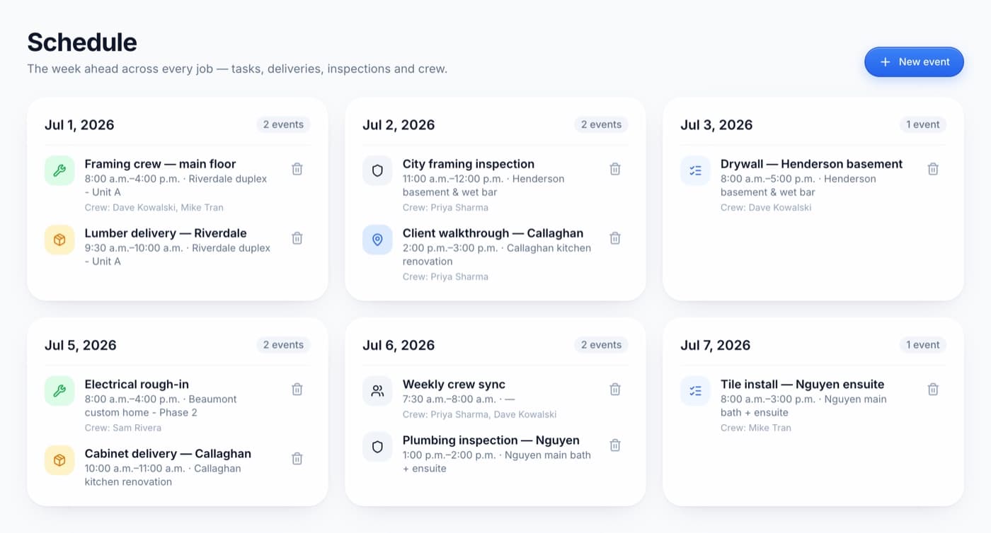 Crew scheduling screen in the BuildersBridge dashboard