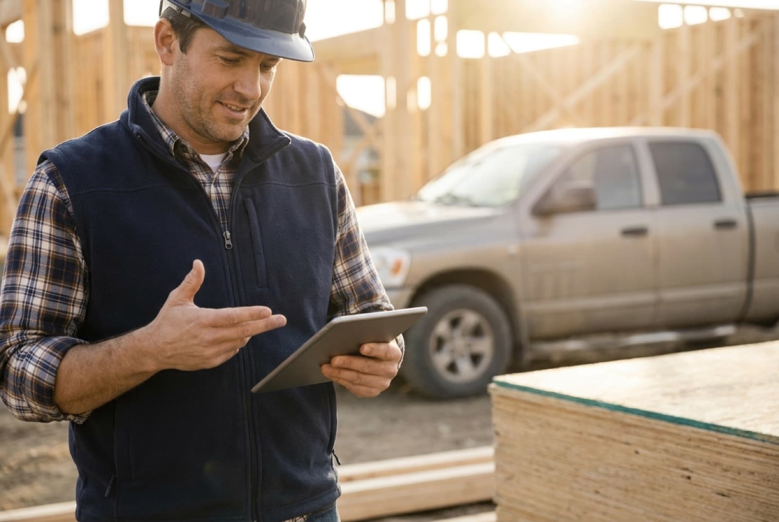 A builder in a branded safety vest reviewing plans on a tablet at a North American wood-frame residential job site