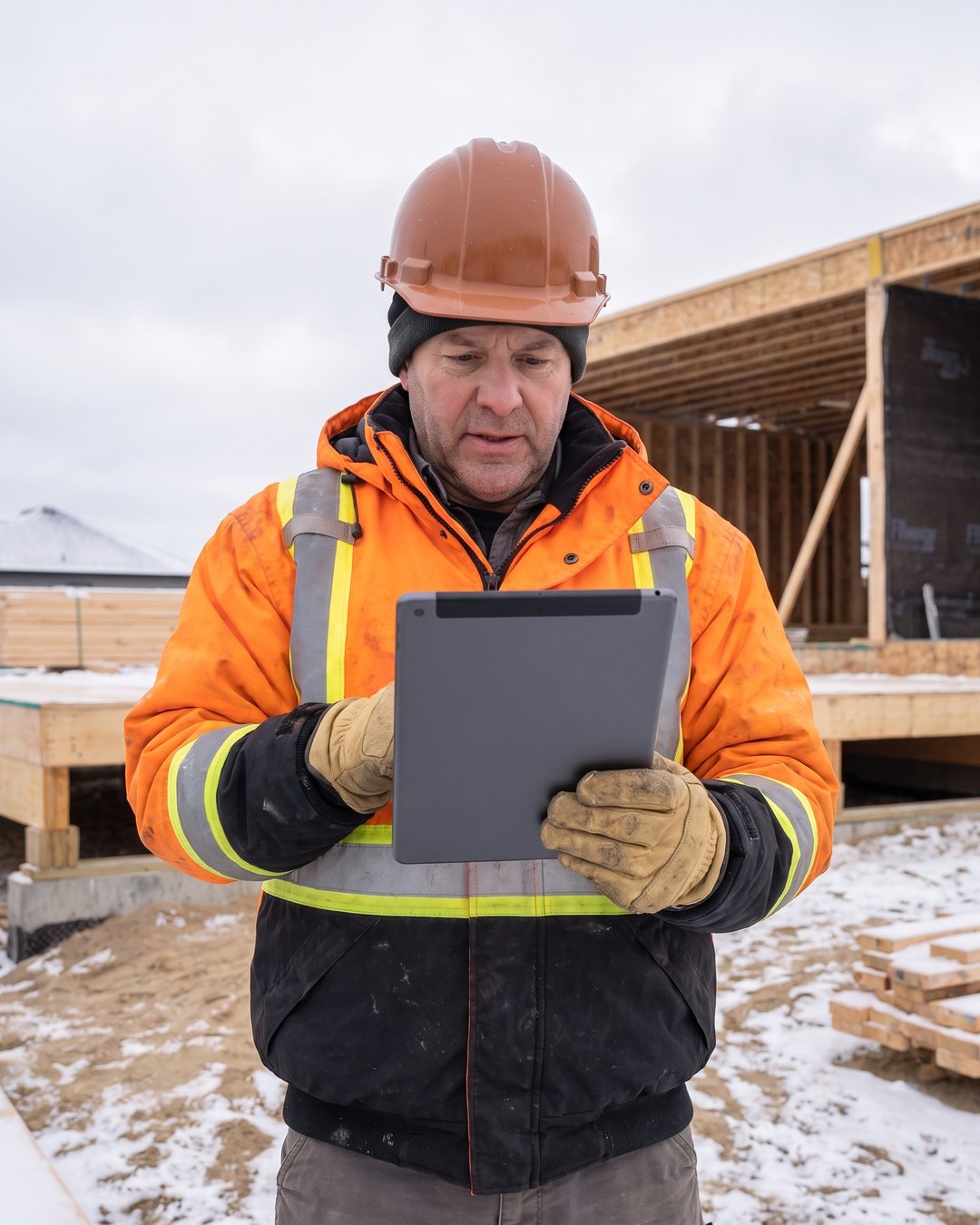 A builder in an insulated high-visibility jacket carrying lumber at a snow-dusted Canadian wood-frame home build