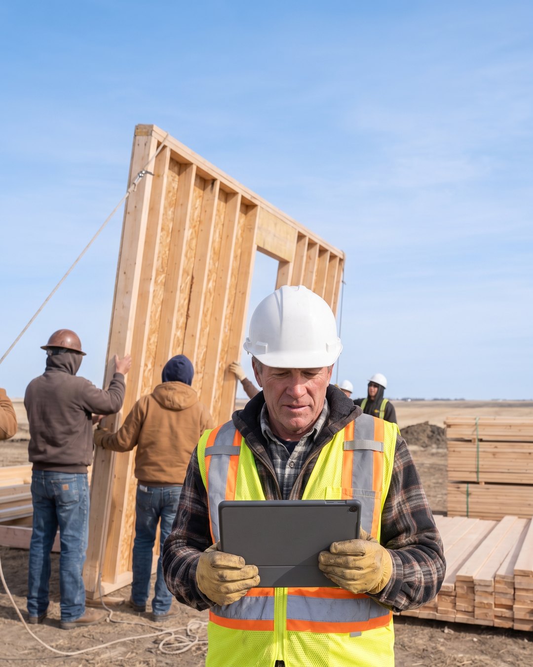 A framer nailing wall sheathing on new suburban homes under a wide prairie sky