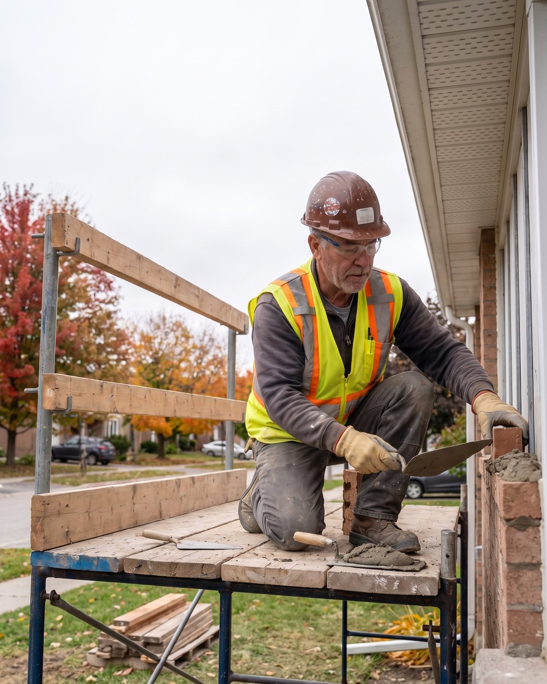 A mason laying brick veneer on two-storey homes along a tree-lined street in autumn