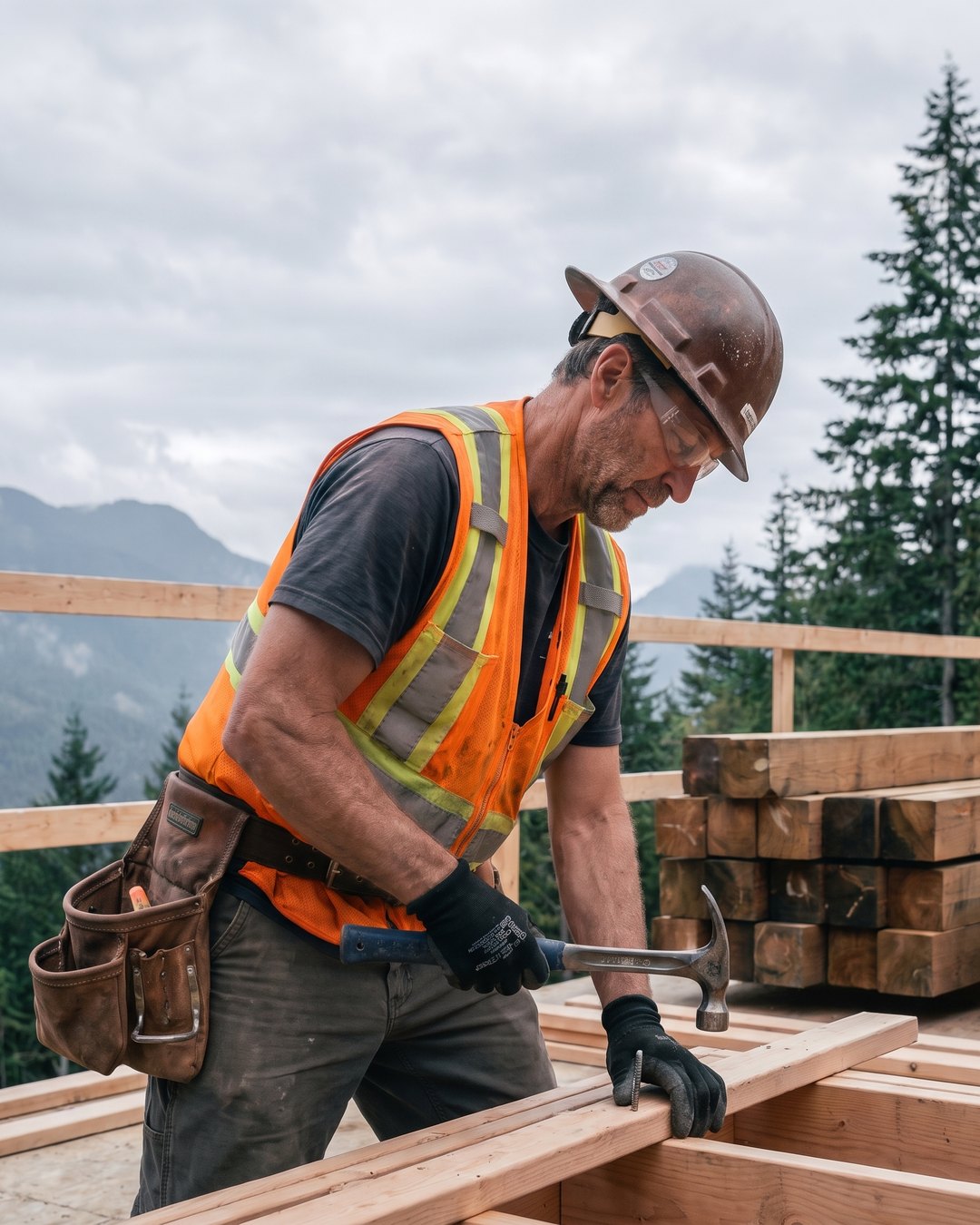 A carpenter working on a hillside wood-frame home with coastal mountains and conifers behind