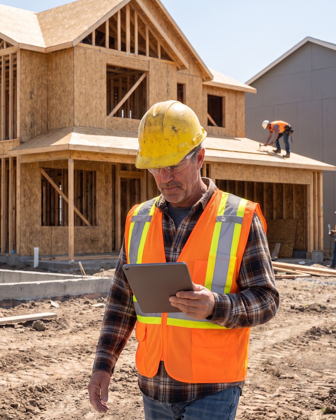 A builder with a clipboard walking a street of new wood-frame homes at various stages of completion
