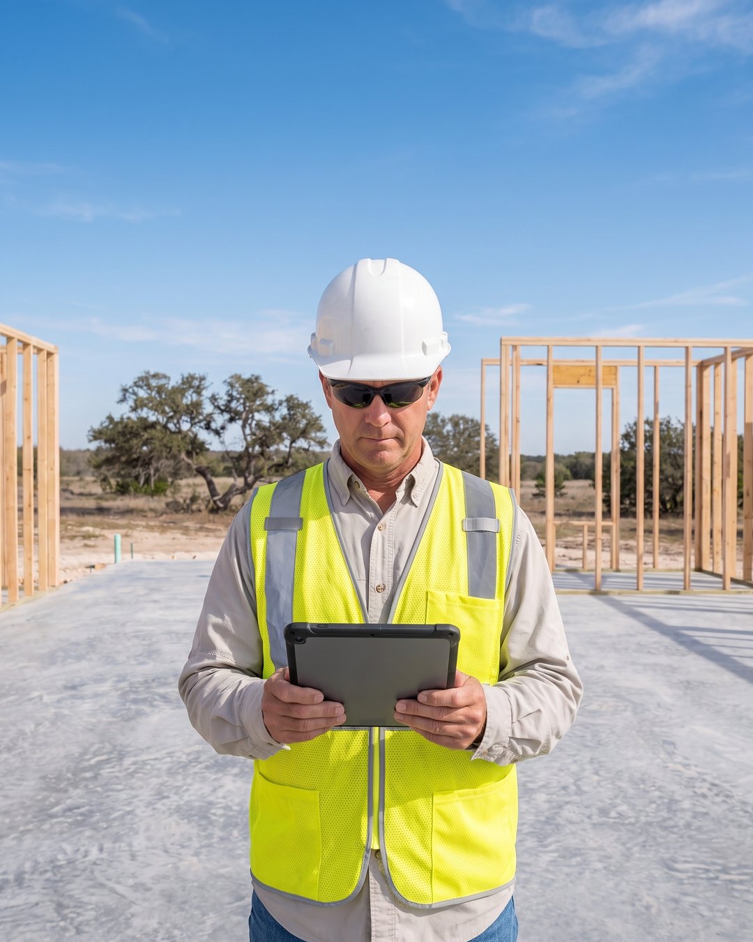 A framer working on a ranch-style home on a concrete slab under a wide clear sky