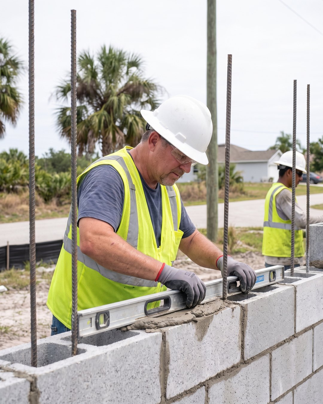 A mason placing concrete blocks on a home under construction with palm trees behind