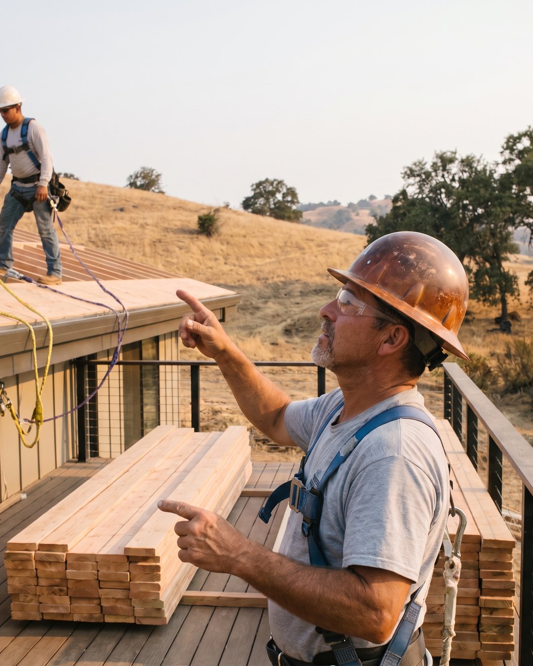 A carpenter installing roof trusses on a stucco and wood-frame home in golden rolling hills